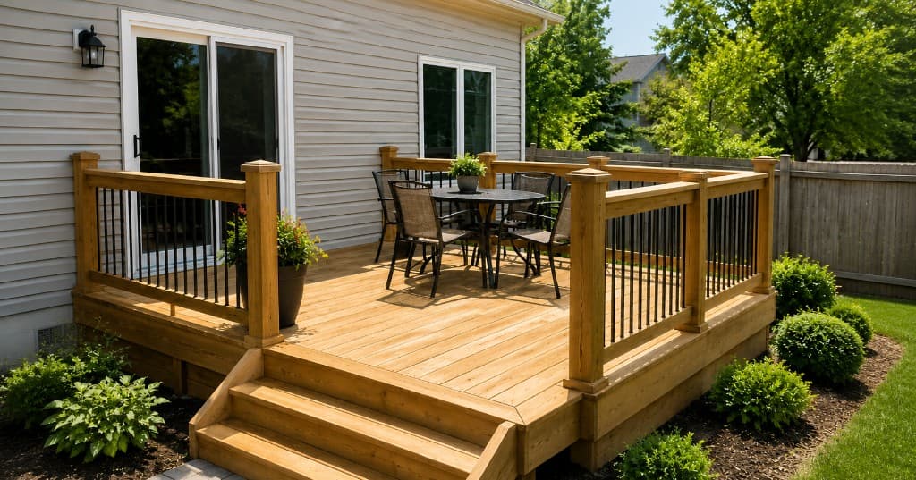 Pressure-treated wood deck with railing, patio furniture, and stairs to backyard